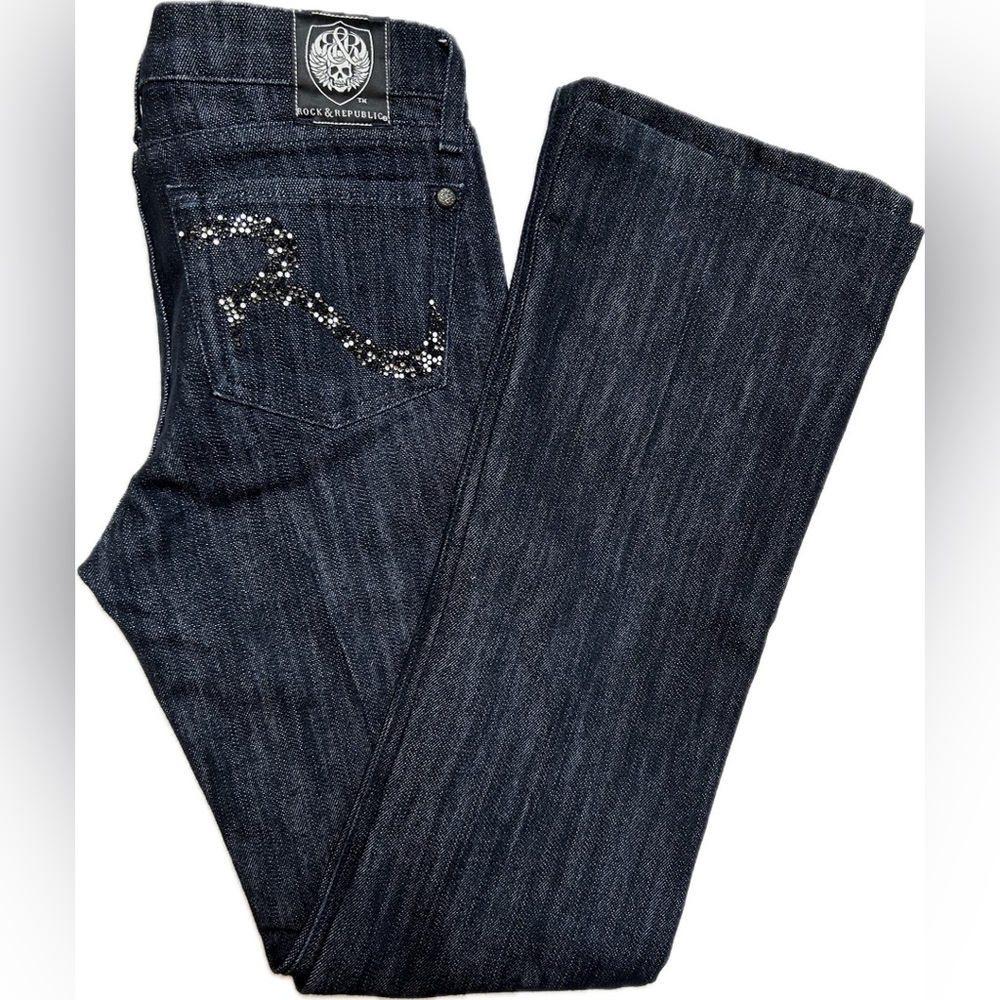 Rock & Republic Kasandra Boot Cut Dark Wash Y2K jeans Rhinestone pockets Size 26